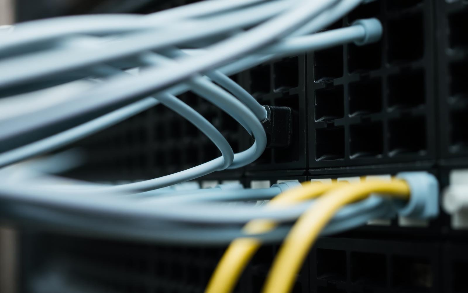 Close-up of network patch cables connected to a switch in a server cabinet