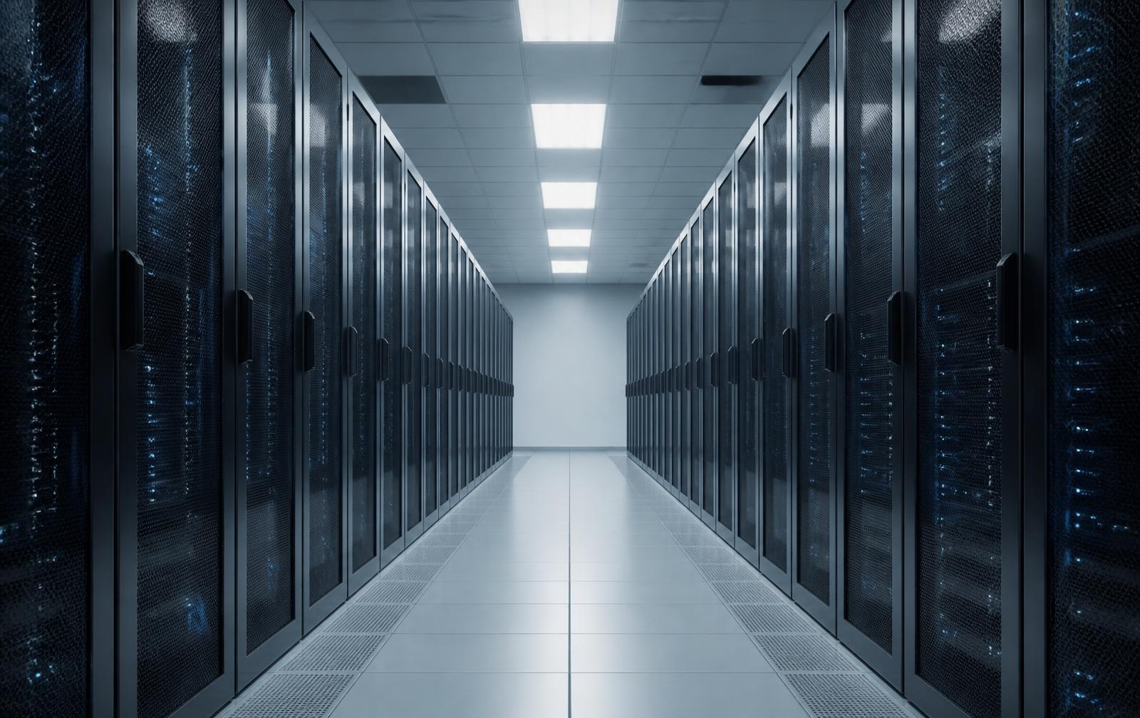 Rows of illuminated server racks in a data centre corridor