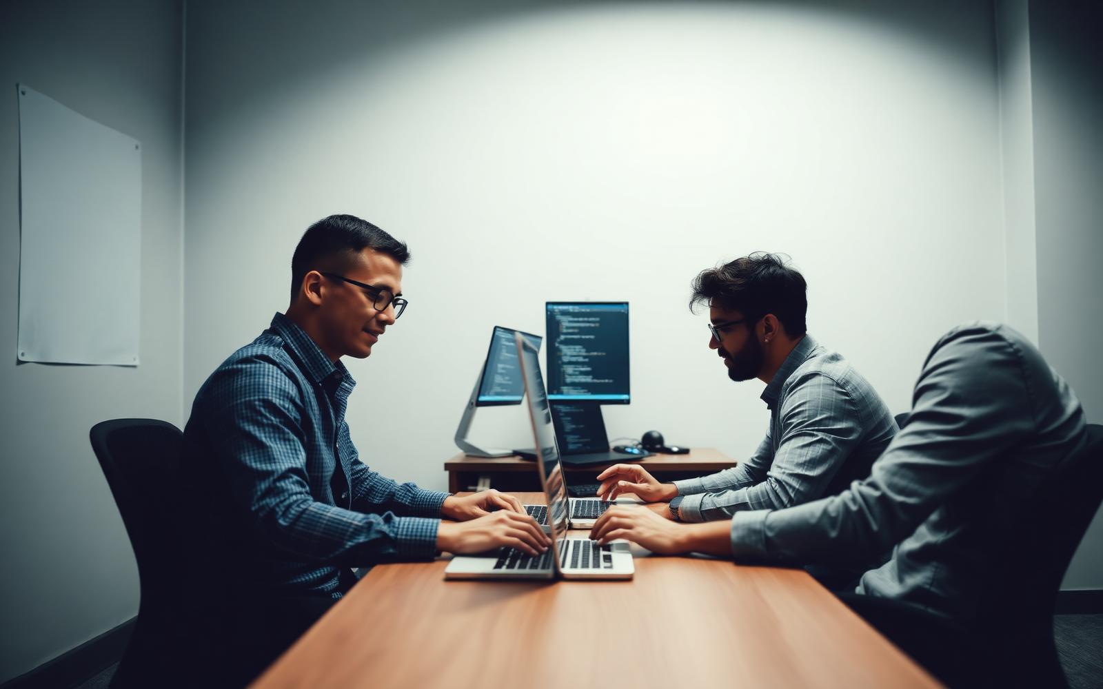 Two engineers pair programming on laptops while reviewing code on a shared monitor