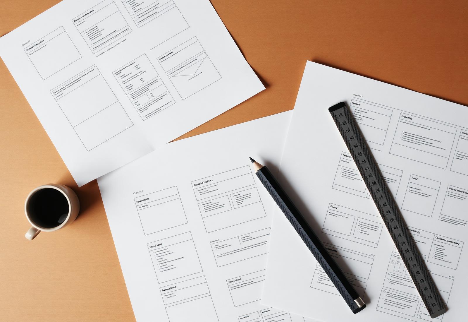 Printed interface wireframes and process diagrams arranged on a designer's desk