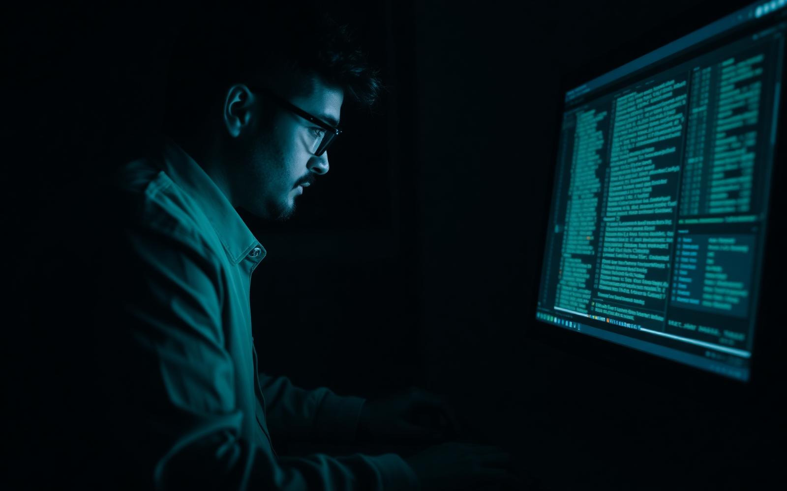 Engineer reviewing system activity on a monitor in a darkened operations room