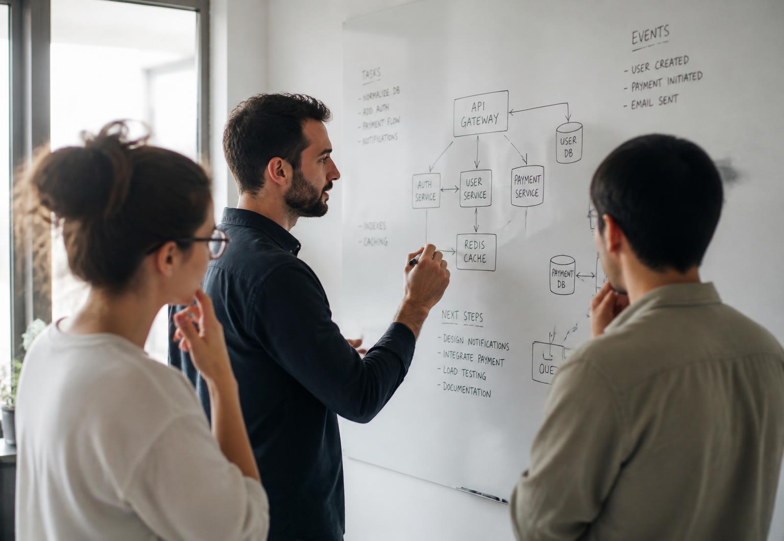 Colleagues reviewing a hand-drawn service architecture diagram during a planning session